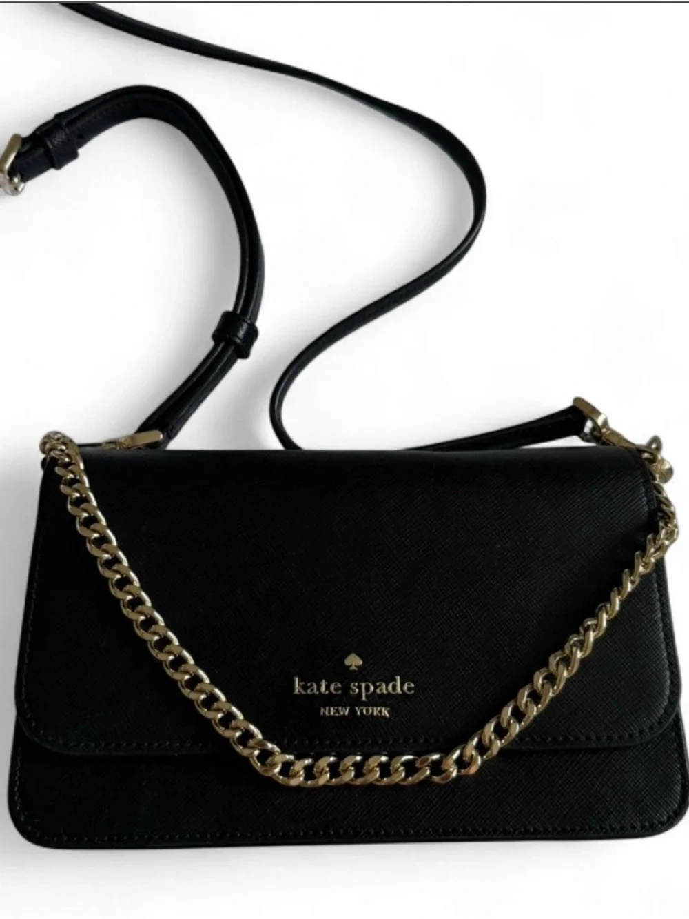 kate spade Black Leather Crossbody with Gold Chain